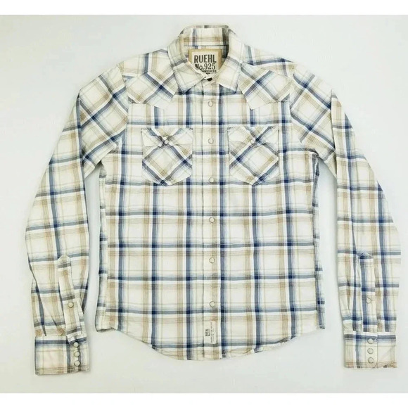 Ruehl No. 925 Size Medium Men's Vanilla Tan Gray Plaid Western Pearl Snap Shirt - Picture 1 of 10